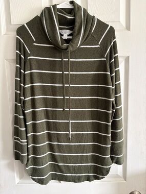 Market & Spruce Olive Green and White Striped Cowl Neck Sweater